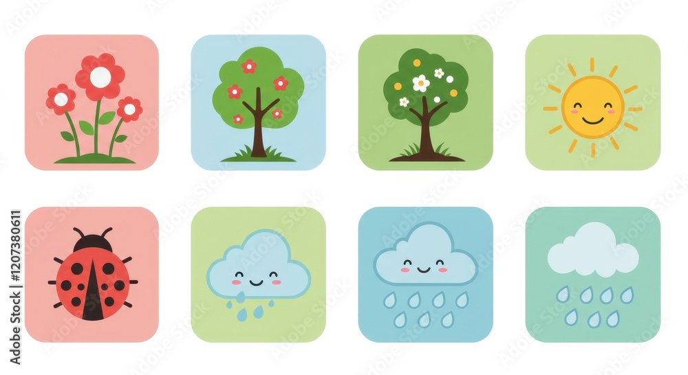 Obraz premium Cute nature icons: flowers, trees, sun, ladybug, rain clouds with kawaii faces