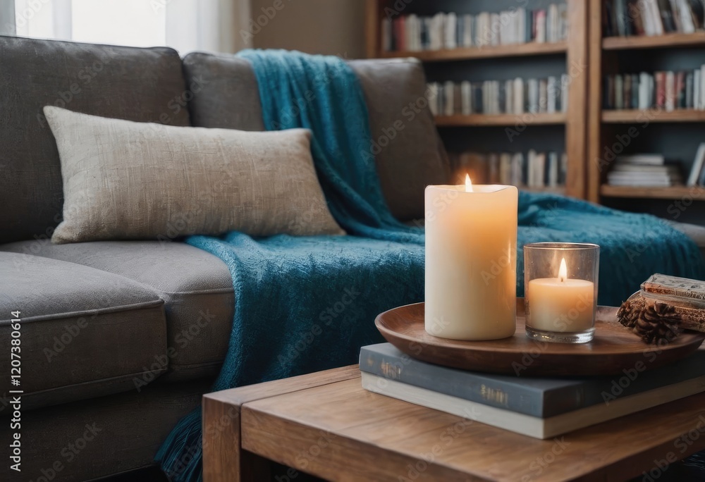 A cozy living room with a comfy couch and two lit candles A cozy living room with a comfy couch and two lit candles