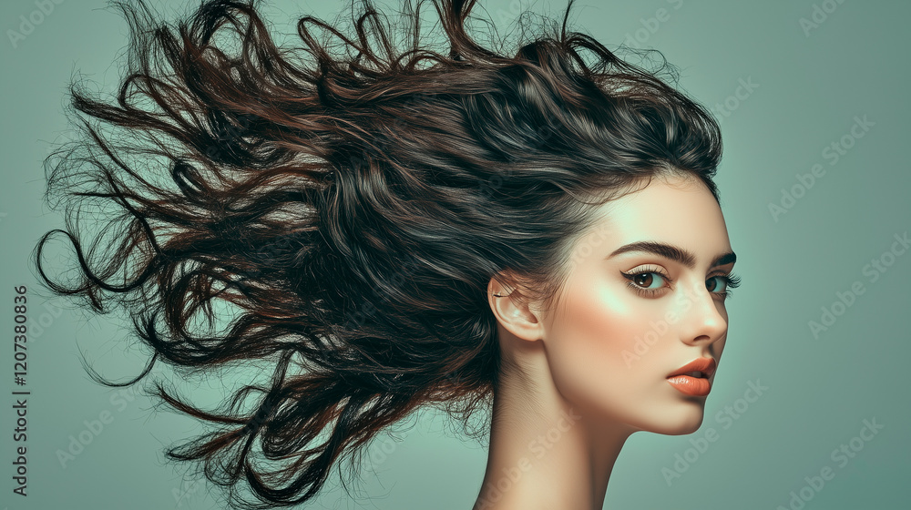 Naklejka premium Woman with Long Brown Wavy Hair and Profile View