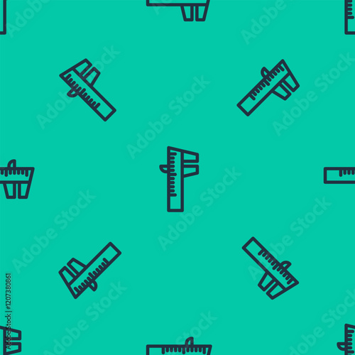 Blue line Calliper or caliper and scale icon isolated seamless pattern on green background. Precision measuring tools. Vector