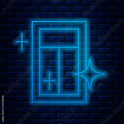 Glowing neon line Cleaning service for window icon isolated on brick wall background. Squeegee, scraper, wiper. Vector