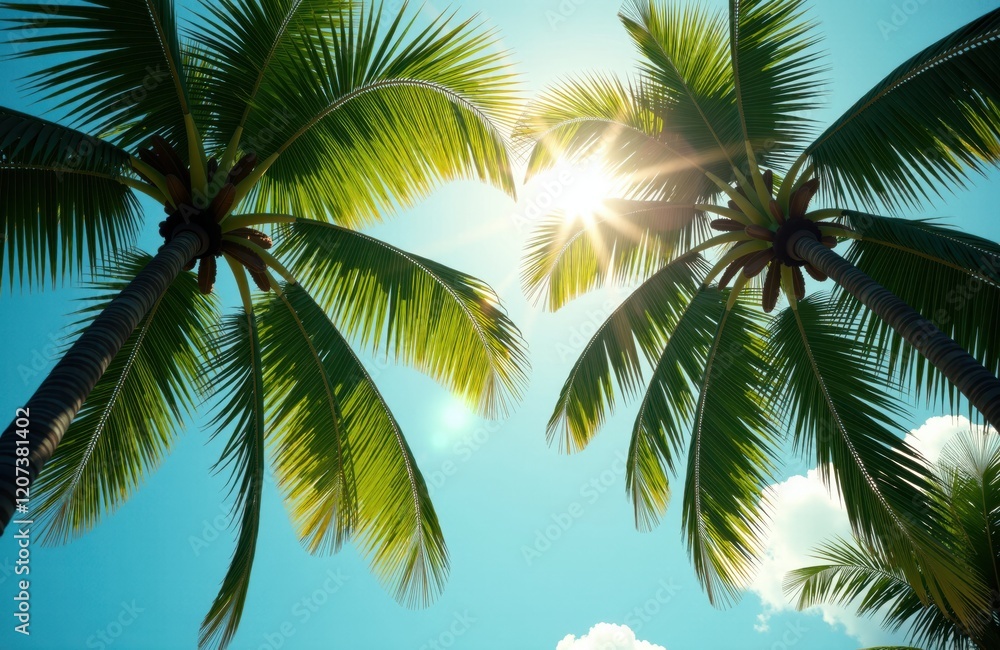 Fototapeta premium Sunlight through palm trees against blue sky - tropical paradise vibe