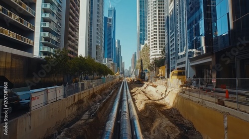 Pipeline installation in progress within a narrow trench, surrounded by modern skyscrapers and public infrastructure in a bustling Australian city, shot in crisp 4K