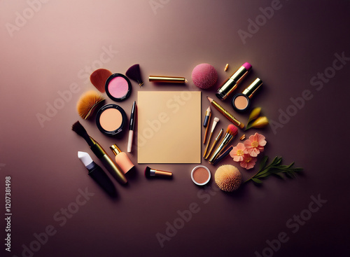 A flat lay showcasing an array of makeup products and delicate flowers arranged around a blank card on a mauve background.  Perfect for beauty blogs or advertisements. photo