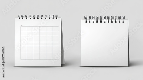 Calendar mockup with blank pages and spiral. Desktop horizontal paper calender mock up front and side view isolated on grey background. Agenda, almanac template. Realistic 3d vector illustration, set