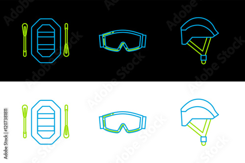 Set line Bicycle helmet, Rafting boat and Ski goggles icon. Vector