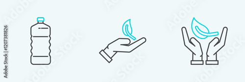 Set line Sprout in hand of environmental protection, Plastic bottle and icon. Vector
