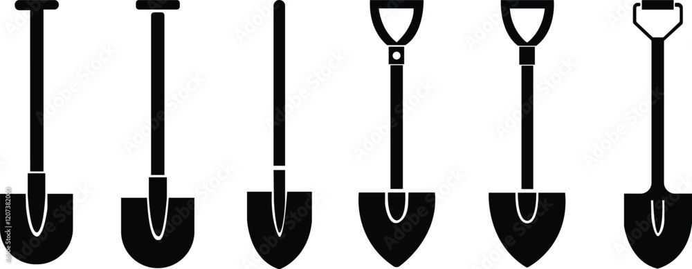Naklejka premium Shovel Icon set.Shovel in soil icon.Shovel for digging and construction flat vector icon for apps and websites.Hand tool icon. Vector illustration.Garden Shovel icon, Hand garden shovel icon.