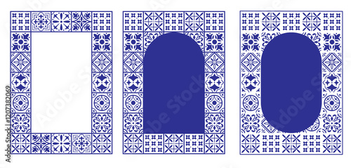 Set of tiles frame border in blue. Mosaic pattern for ceramic in italian style. Poster for design