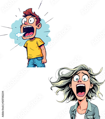 Man and woman shouting and screaming loudly with open mouths