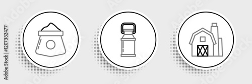 Set line Farm House concept, Bag of flour and Can container for milk icon. Vector