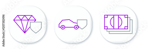 Set line Stacks paper money cash, Diamond with shield and Car icon. Vector
