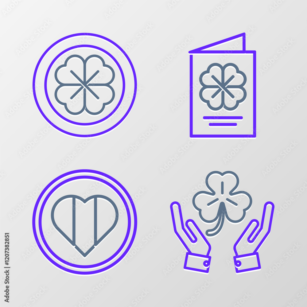 Set line Human hands holding four leaf clover, Heart Happy Saint Patrick day, Patricks Day flyer, brochure, postcard and Gold coin with icon. Vector Set line Human hands holding four leaf clover, Heart Happy Saint Patrick day, Patricks Day flyer, brochure, postcard and Gold coin with icon. Vector