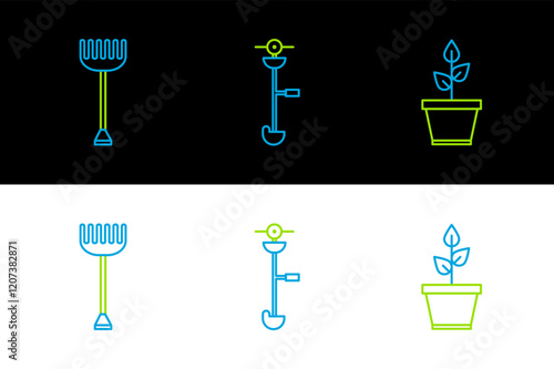 Set line Plant in pot, Garden rake and Grass and weed electric string trimmer icon. Vector