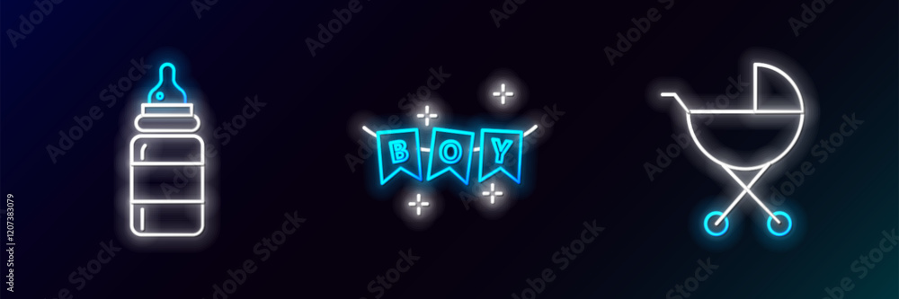 Set line Baby stroller, bottle and Carnival garland with flags icon. Glowing neon. Vector Set line Baby stroller, bottle and Carnival garland with flags icon. Glowing neon. Vector