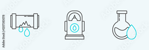 Set line Oil petrol test tube, Broken metal pipe with leaking water and Petrol or Gas station icon. Vector