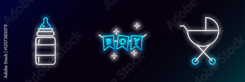 Set line Baby stroller, bottle and Carnival garland with flags icon. Glowing neon. Vector
