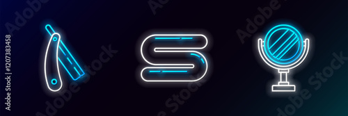 Set line Round makeup mirror, Straight razor and Towel icon. Glowing neon. Vector