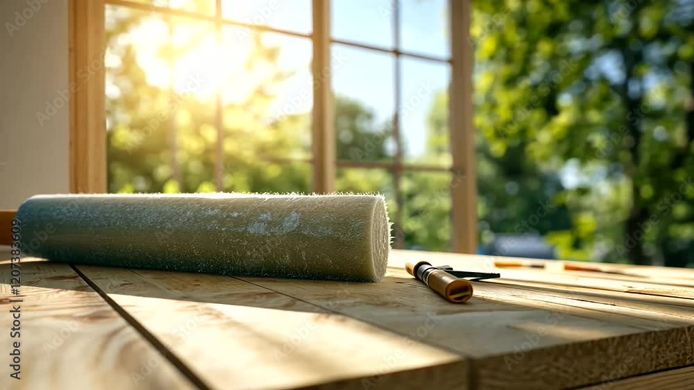 A detailed view of mineral wool insulation panels installed within a timber frame, with construction tools and sunlight enhancing the workspace. A detailed view of mineral wool insulation panels installed within a timber frame, with construction tools and sunlight enhancing the workspace.