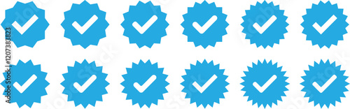 Verified badge profile set. Instagram verified badge. Social media account verification icons. Blue check mark icon. Profile verified. Checkmark sign. Verified symbol. Approval done element collection