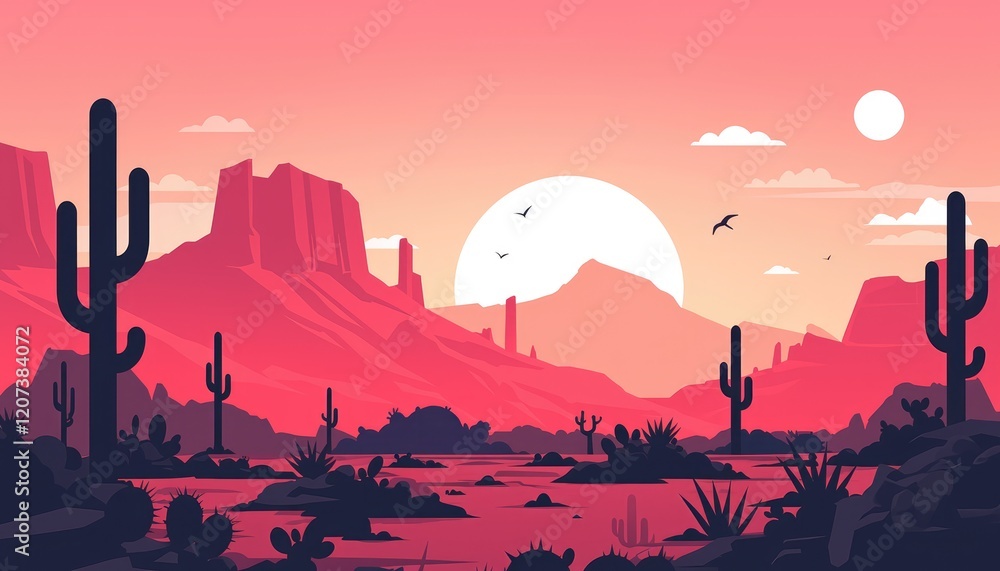 Fototapeta premium Desert Sunset Landscape With Cacti and Mountains
