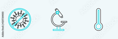 Set line Medical thermometer, Stop virus and Microscope icon. Vector