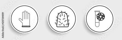 Set line Test tube with virus, Medical rubber gloves and Rabies icon. Vector
