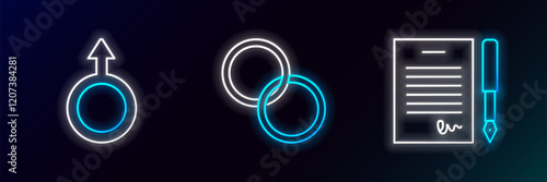 Set line Marriage contract, Male gender symbol and Wedding rings icon. Glowing neon. Vector