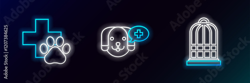 Set line Cage for birds, Veterinary clinic symbol and icon. Glowing neon. Vector
