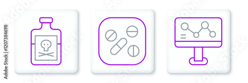 Set line Chemical formula, Poison in bottle and Medicine pill tablet icon. Vector
