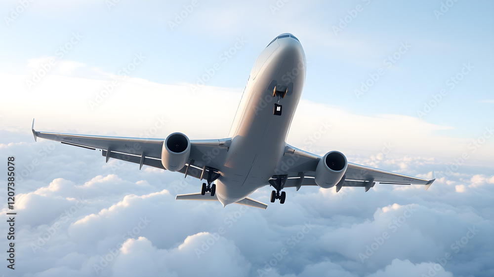 3D Render airplane in sky. low angle. Generative AI 3D Render airplane in sky. low angle. Generative AI