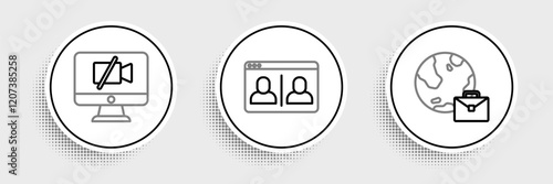 Set line Online working, Video camera Off on computer and chat conference icon. Vector