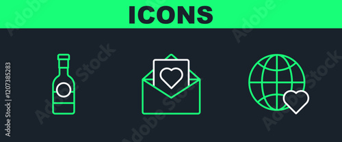 Set line The heart world love, Champagne bottle and Envelope with Valentine icon. Vector