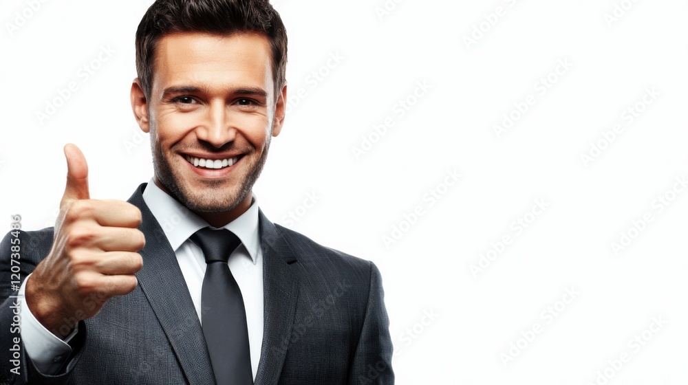 A smiling professional man in a sleek business suit, confidently showing a thumbs-up gesture, standing against a clean white background A smiling professional man in a sleek business suit, confidently showing a thumbs-up gesture, standing against a clean white background