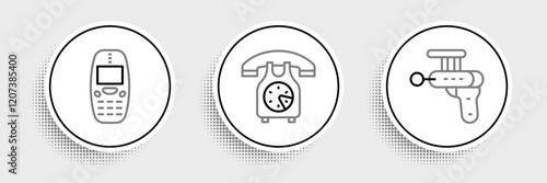 Set line Ray gun, Old mobile phone and Telephone handset icon. Vector