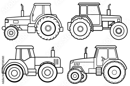 set of Tractor machines line art vector illustration