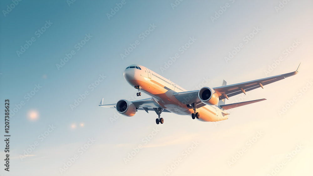 Fototapeta premium 3D Render airplane in sky. low angle. Generative AI