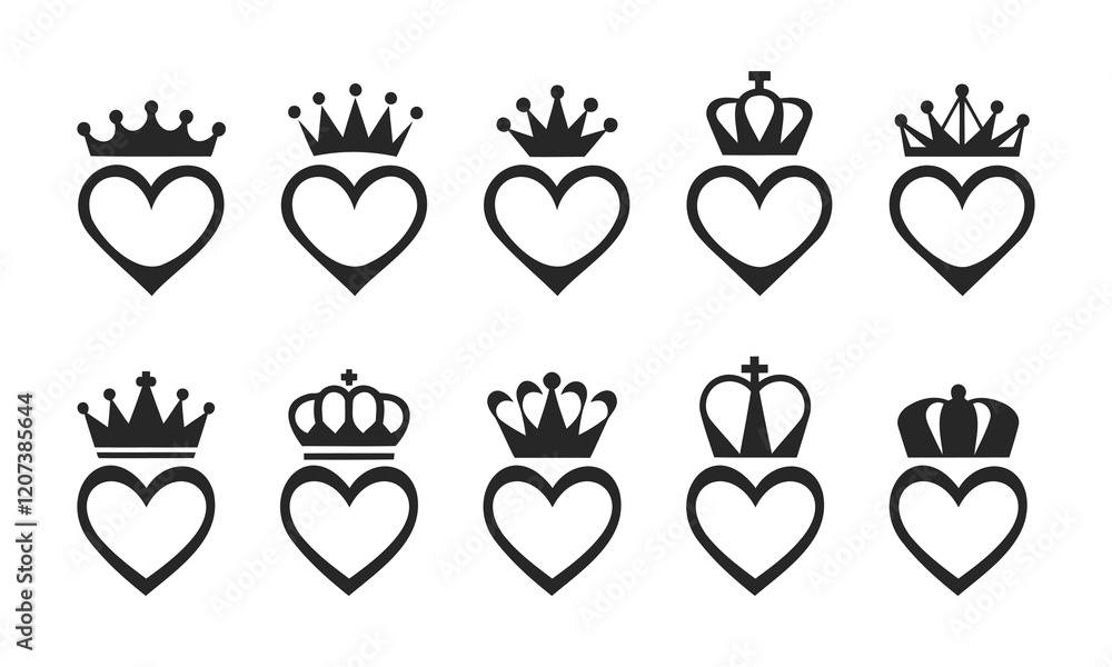 Beautiful Hand drawn crowned hearts set , king and queen crown on heart, sketch love crowns hearts