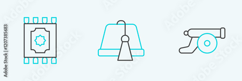 Set line Ramadan cannon, Traditional carpet and Turkish hat icon. Vector