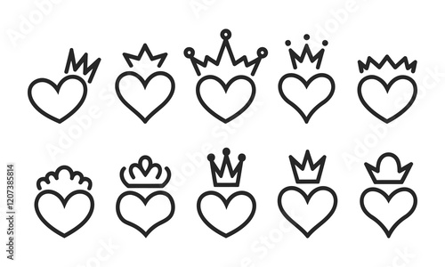 Hand drawn crowned hearts set , king and queen crown on heart, sketch love crowns hearts