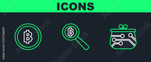 Set line Cryptocurrency wallet, coin Bitcoin and Magnifying glass with icon. Vector
