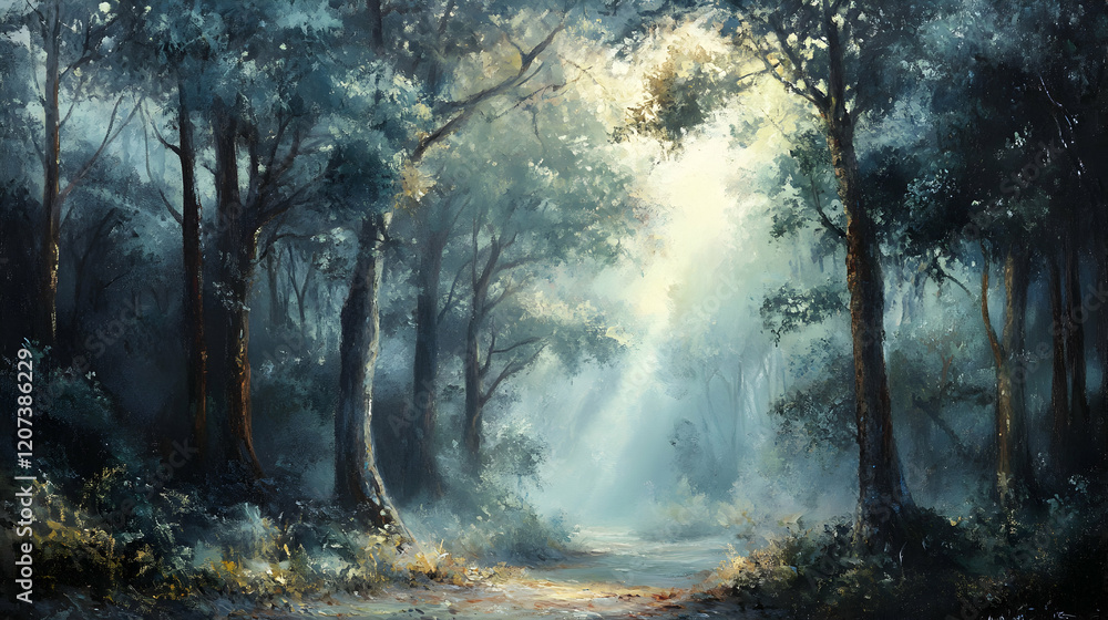 Obraz premium Enchanted Forest Scene with Light Beams Breaking Through Trees