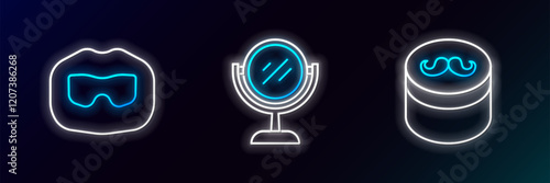 Set line Gel or wax for hair styling, Mustache and beard and Hand mirror icon. Glowing neon. Vector