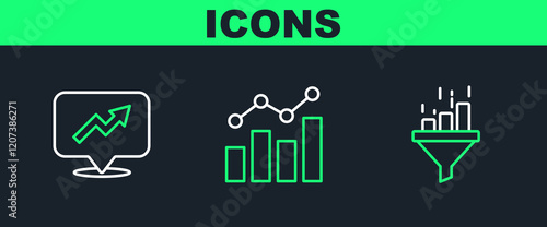 Set line Sales funnel with chart, Financial growth and icon. Vector