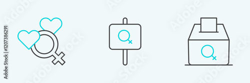 Set line Female vote right, gender and Feminist activist icon. Vector