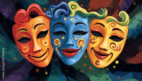 Wallpaper Mural A vibrant illustration of three colorful theater masks Torontodigital.ca