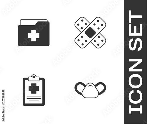 Set Medical protective mask, Patient record, and Crossed bandage plaster icon. Vector