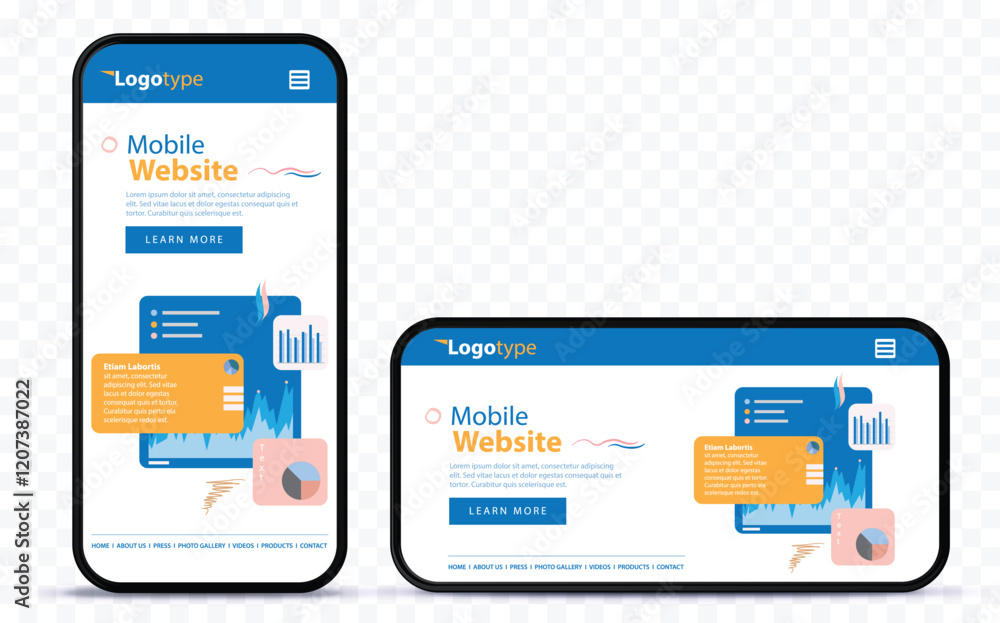 Mobile Web Design Template on Vertical and Horizontal Mobile Phone Screen. Smartphone vector mockup with transparent background. Mobile Web Design Template on Vertical and Horizontal Mobile Phone Screen. Smartphone vector mockup with transparent background.
