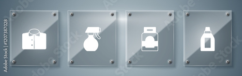 Set Bottle for cleaning agent, Laundry detergent, Water spray bottle and T-shirt. Square glass panels. Vector
