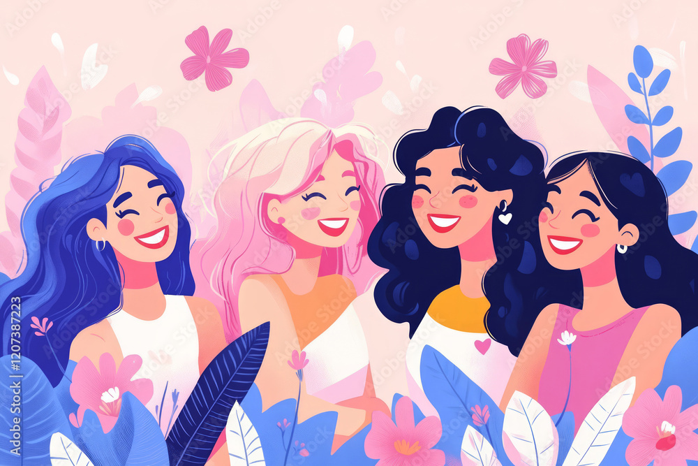 Girls of different nationalities laughing on a pink background with flowers Womens day Girls of different nationalities laughing on a pink background with flowers Womens day